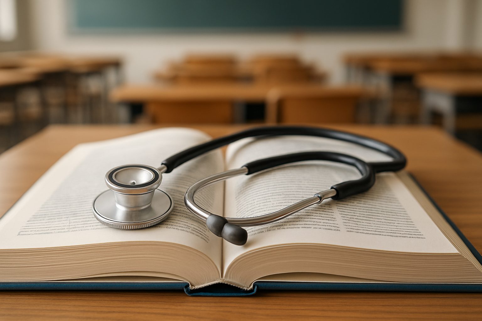 A stethoscope resting on an open book in a classroom setting