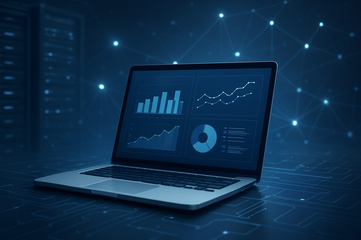 A laptop displaying data analytics graphs on a dark, tech-themed background