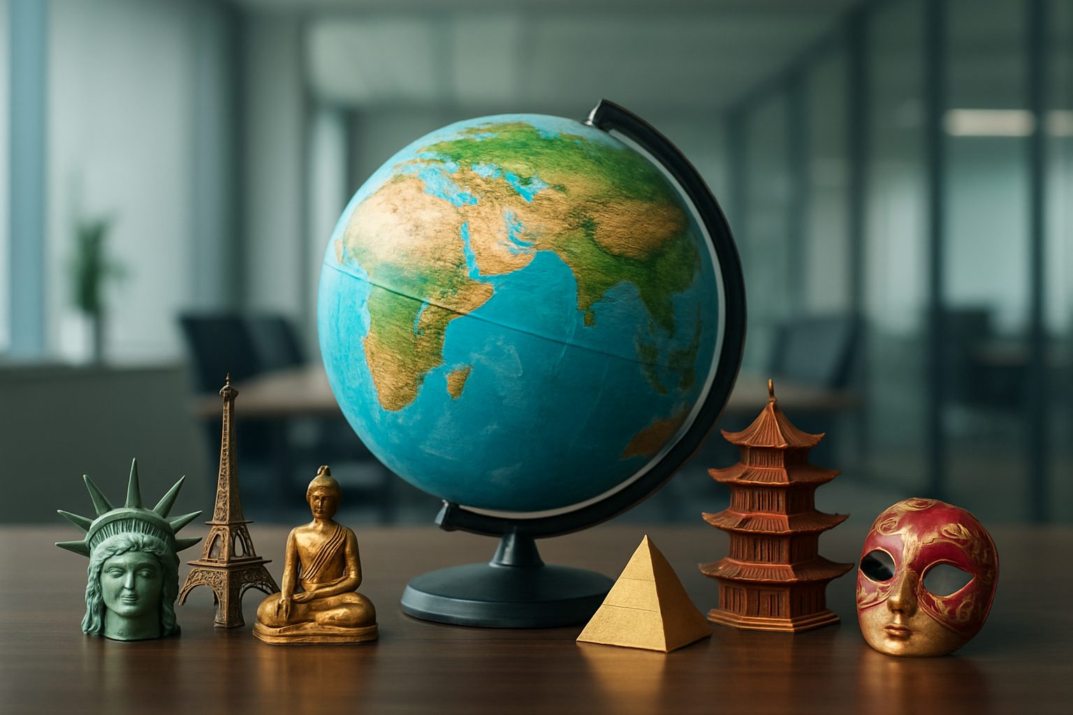A globe surrounded by cultural artifacts representing various global landmarks and traditions.