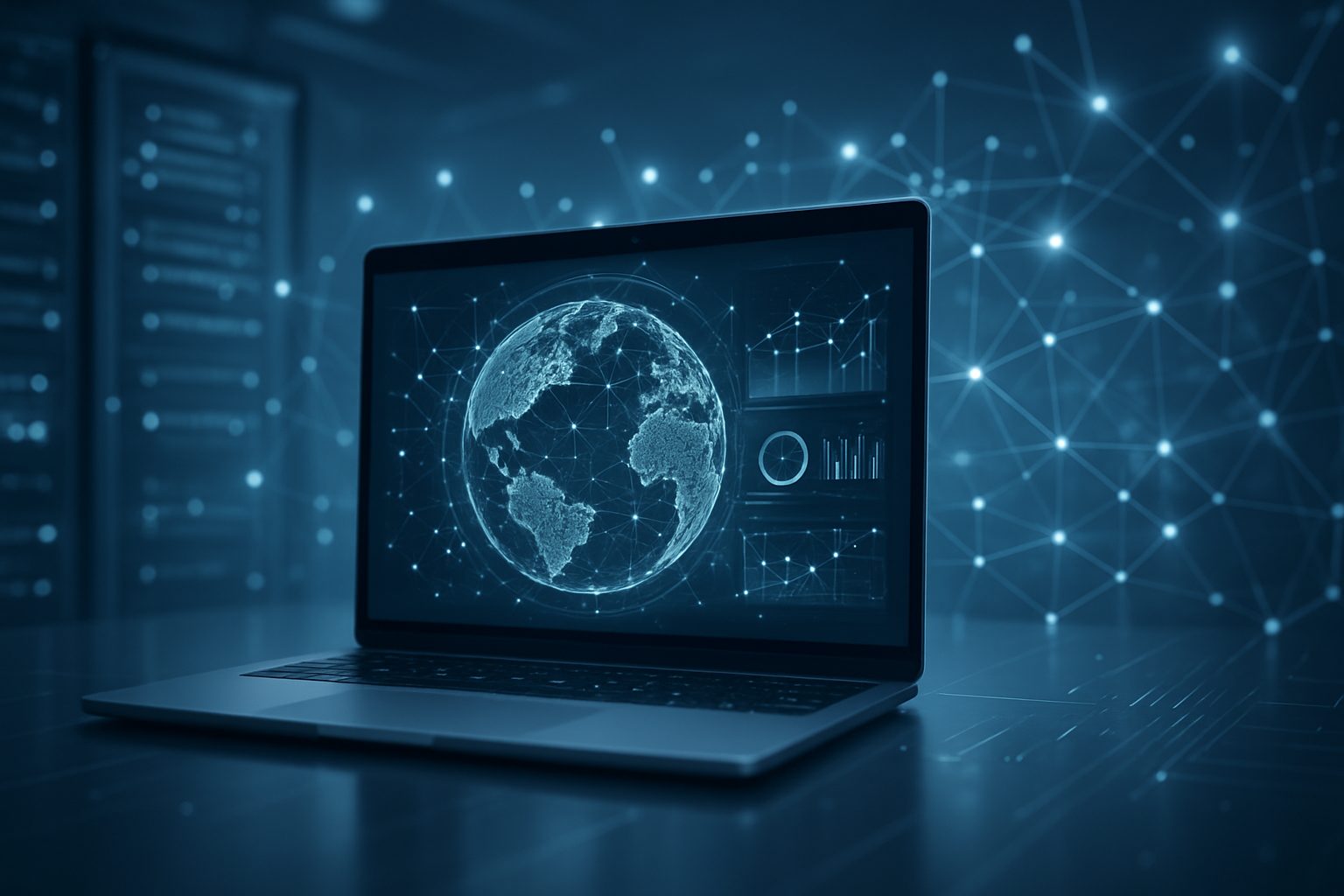 Close-up of a laptop displaying a digital globe and network graphics